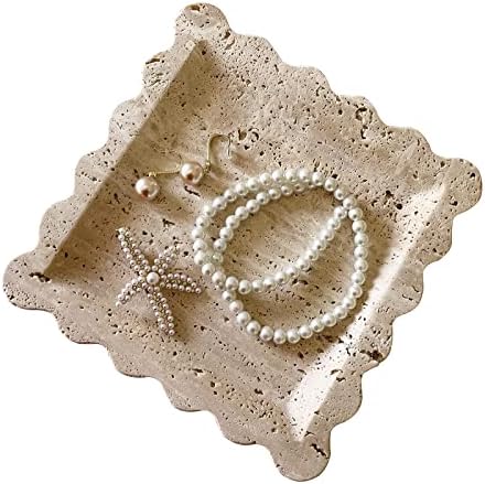 Vintage Natural Marble Tray Small Ornaments Scalloped Tray Handmade Storage Dish for Counter, Vanity, Dresser, Nightstand and Desk (Beige Travertine)
