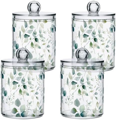ALAZA Eucalyptus Leaves White 2 Pack Qtip Holder Dispenser for Cotton Swabs, Balls, Pads, Floss 10 oz Plastic Canister Organizer