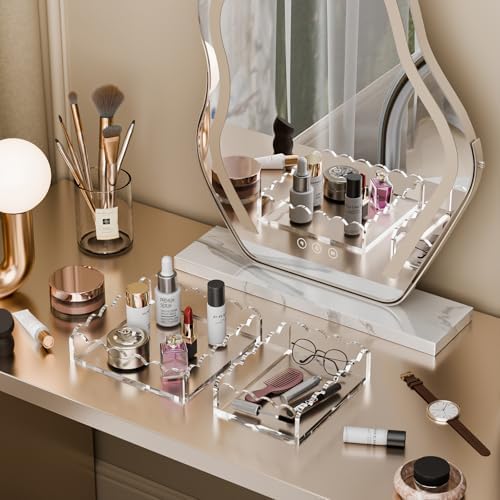 Scalloped Acrylic Tray 2 Pack, Clear Acrylic Decorative Tray for Vanity Jewelry Display, Countertop Organizer Tray for Perfume Makeup, 7 x 5 Inch 8 x 8 Inch Acrylic Organizer for Bathroom Home Decor