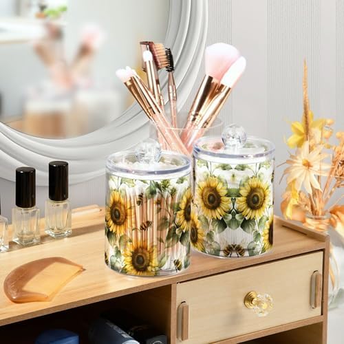 MNSRUU 4 Pack Qtip Holder Organizer Dispenser Flower Sunflower Bee Bathroom Storage Canister Cotton Ball Holder Bathroom Containers for Cotton Swabs/Pads/Floss