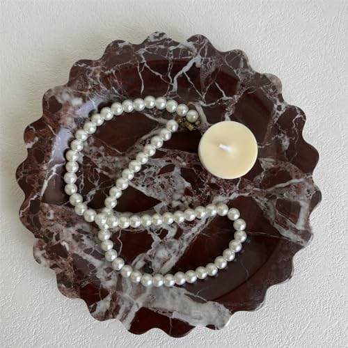 Marble Scalloped Tray Round Wave Tray Small Serving Platter for Counter, Bathroom, Kitchen, Nightstand, Jewelry Ring Dish Holder (Rosa Levanto)