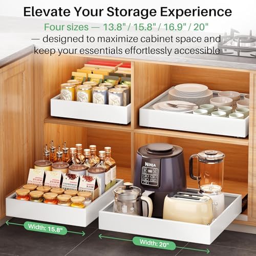 Pull out Cabinet Organizer, 21"Deep, 11.8"Wide Full-Extension Heavy Duty Slide out Drawers with Nano Adhesive, Roll Out Shelves Sliding Cabinet for Kitchen, Bathroom, Pantry,Under Sink Storage(White)