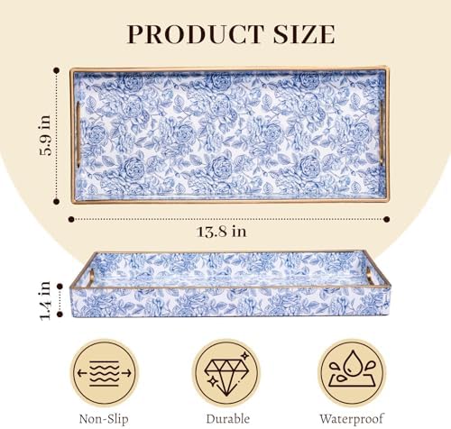 MAONAME Blue Bathroom Vanity Tray, Plastic Decorative Trays with Handles