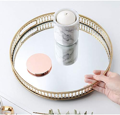 Vintage Gold Mirror Tray,Round Shape(12.6in) Ornate Geometric Brass Plated and Glass Display Storage Organizer,Jewelry Perfume Makeup Organizer Tray, for Dresser, Bathroom, Bedroom