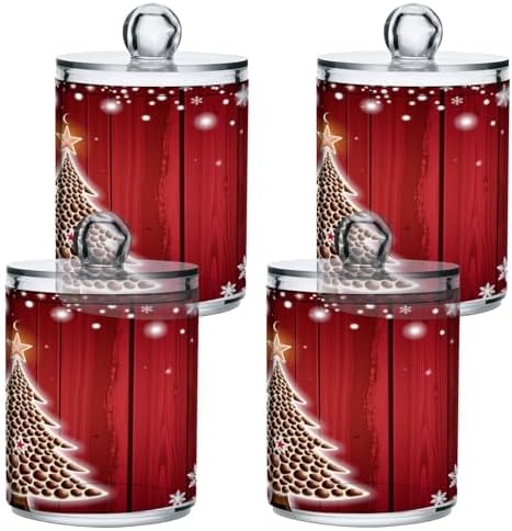 Gredecor Christmas Winter Qtip Holder Dispenser 2 Pack Christmas Tree Red Snowflakes Bathroom Decorative Storage Canister Holder Counter Vanity Organizer for Cotton Ball Swabs Pads Floss