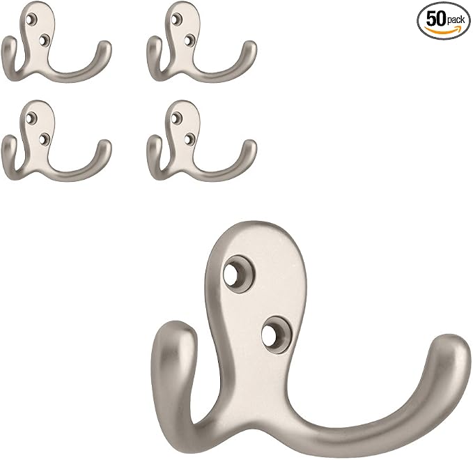 Franklin Brass Double Wall Hooks 2-Prong Coat/Hat Matte Nickel Hooks for Hanging Wall Mount Hanger Clothes, Purse, Bag, Towel Organization Decorative-Wall_Hooks FBDPRH5-MN-C (Pack of 50)