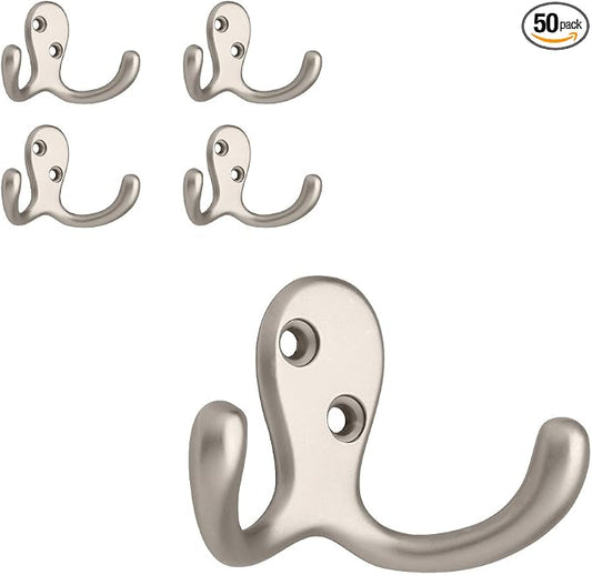 Franklin Brass Double Wall Hooks 2-Prong Coat/Hat Matte Nickel Hooks for Hanging Wall Mount Hanger Clothes, Purse, Bag, Towel Organization Decorative-Wall_Hooks FBDPRH5-MN-C (Pack of 50)