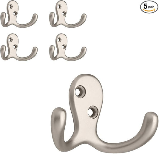 Franklin Brass (5-Pack) Double Wall Hooks 2-Prong Coat/Hat Matte Nickel Hooks for Hanging Wall Mount Hanger Clothes, Purse, Bag, Towel Organization Decorative Wall Hooks FBDPRH5-MN-C