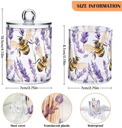 Fustylead 4 Pack Watercolor Honey Bees and Lavender Qtip Holder Dispensers, Plastic Apothecary Jar Bathroom Accessories Set for Cotton Ball, Swab, Round Pads, Floss