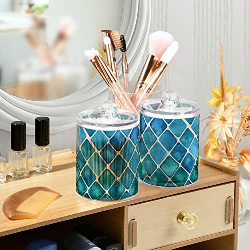Fustylead 4 Pack Blue-green Squares Qtip Holder Dispensers, Bathroom Storage Canister Plastic Apothecary Jar Set for Cotton Swabs, Ball, Pads, Floss