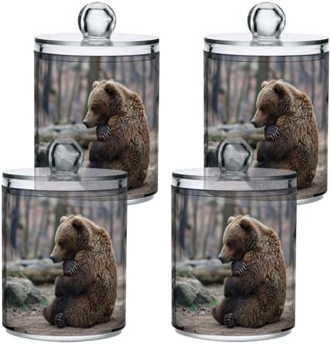 Sitting Bear Pattern Qtip Holder 2 Pack - 10 Oz Clear Plastic Apothecary Jar Set for Bathroom Organization - Versatile Canister Storage for Cotton Balls, Swabs, Rounds
