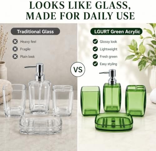 LGURT 4pc Green Acrylic Bathroom Set — Soap Dispenser & Divided Cup