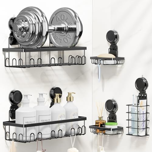 JOTPE Shower Caddy 5 Pack, No-Drill Suction Shower Organizer, Black