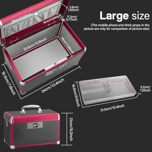 Large Medication Lock Box with Key (13.4"x7.6"x8.2") - Childproof Aluminum Medicine Storage Safe for Prescriptions & First Aid - Secure Portable Pill Organizer for Travel, Home (Black & Red)