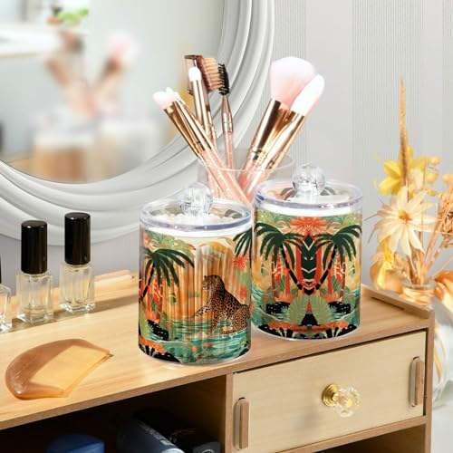 MNSRUU 2 Pack Qtip Holder Organizer Dispenser Cheetah and Forest Pink Bathroom Storage Canister Cotton Ball Holder Bathroom Containers for Cotton Swabs/Pads/Floss