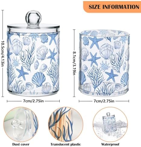 ALAZA Seashell Coral Starfish Blue 2 Pack Qtip Holder Dispenser for Cotton Swabs, Balls, Pads, Floss 10 oz Plastic Canister Organizer