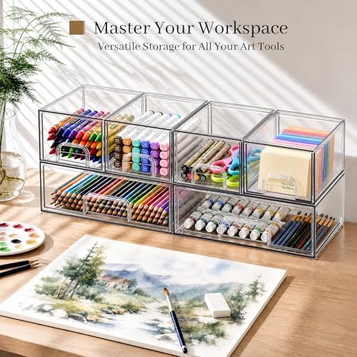 TIPGO Clear Stackable Storage Drawers, Acrylic Bathroom Makeup Organizer, Plastic Bins for Art Tool & Sketch, Sturdy and Durable Containers for Countertop, Cabinet, Vanity, Pantry Organization
