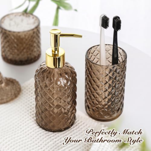 RYTOXILO Brown Bathroom Accessories Set, 4 Pack Brown Bathroom Decor Accessory Sets Complete, Diamond Glass Soap Dispenser and Toothbrush Holder Set for Bath Counter Organizer Essentials
