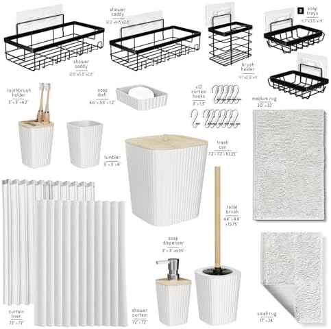 Clara Clark Bathroom Accessories Set - 27PC Bathroom Set with Adhesive Corner Shower Caddy Hanging, Bathroom Sets with Shower Curtain and Rugs, White Shower Curtain Set with Bathroom Trash Can