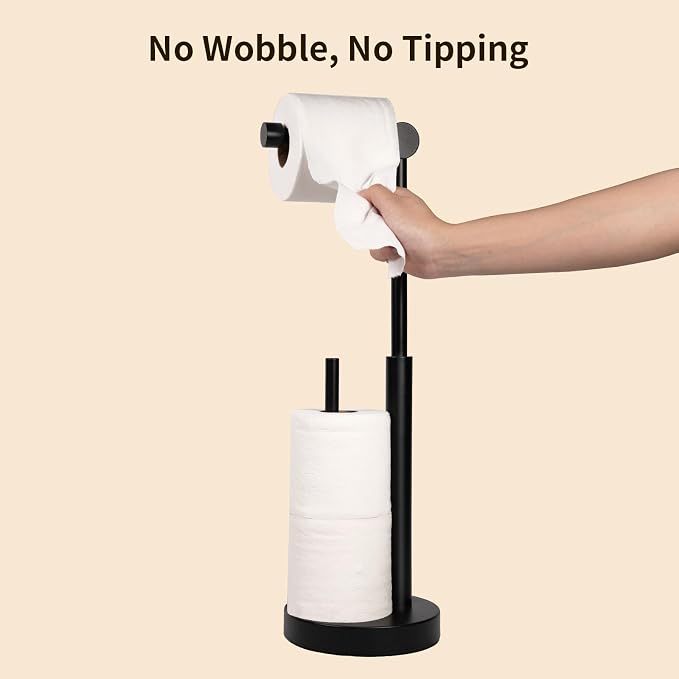 Toilet Paper Holder Stand with Storage & Weighted Base, Matte Black | Free Standing Stainless Steel Design with Open-Ring Arm for Easy Roll Replacement