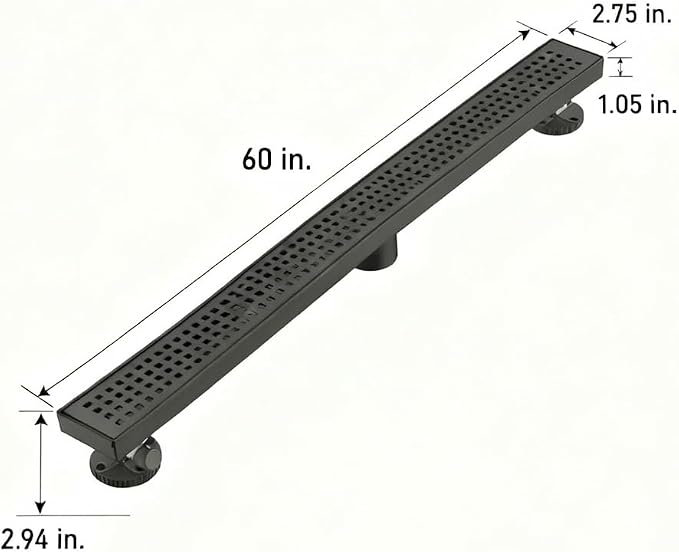 AVSIILE Linear Shower Floor Drain, Matte Black 60 Inch 304 Stainless Steel Bathroom Drains Kit, Long Rectangular Shower Trench Drain with Square Pattern Drain Cover & Hair Catcher