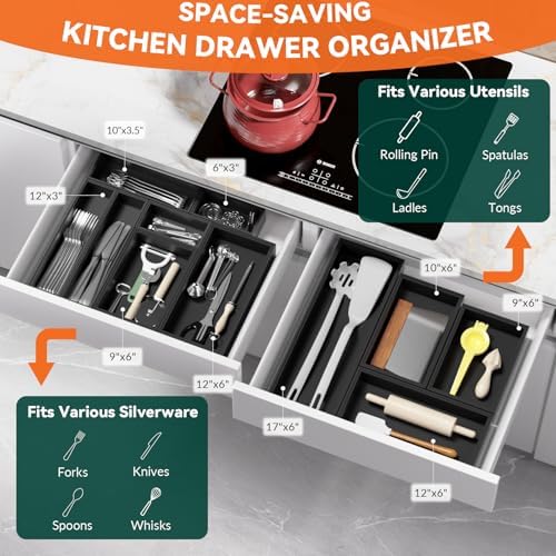 Lixple Bamboo Kitchen Drawer Organizer, 2 Pack, 10" x 3.5" x 2", Black