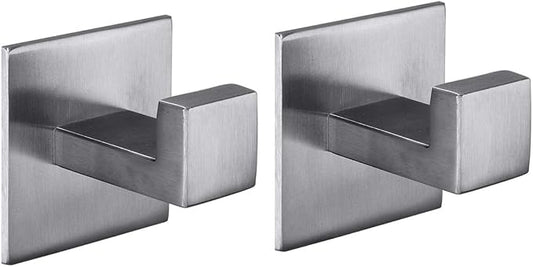 Flybath Coat Hook SUS 304 Stainless Steel Square Towel Robe Hooks Wall Mounted Self Adhesive (No Drilling), Brushed Finish - 2 Pack