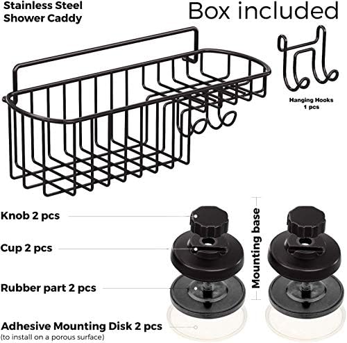HASKO Shower Caddy Suction Cup, Shower Shelf with Soap Dish and Hooks Organizer, Suction Bathroom Shelf for Storage, Wall Mounted Basket, Black