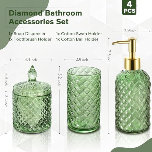 RYTOXILO Green Bathroom Accessories Set, 4 Pack Olive Green Bathroom Decor Accessory Sets Complete, Diamond Glass Soap Dispenser and Toothbrush Holder Set for Bath Counter Organizer Essentials