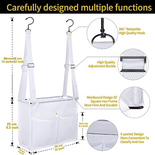 4 Storage Pockets Adjustable Hanging Mesh Bathroom Bag, Shower Caddy College with Hooks, Applied to College Dorm Rooms, Gym, Swimming and RV Travel (White)