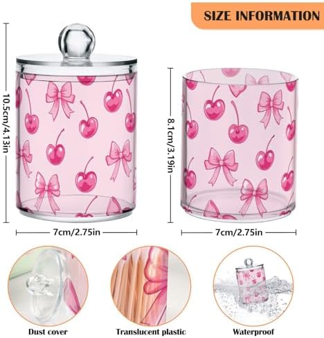 Gredecor 2 Pack Qtip Holder Clear Cherry Red Bows Apothecary Jars with Lids Acrylic Bathroom Jars Vanity Countertop Canister Storage Organizer for Cotton Ball,Swabs,Pads,Floss