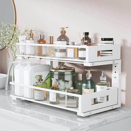2 Packs 21IN Depth Under Sink Organizer, 2-Tier Pull Out Cabinet Organizer With Smooth Circular Rail, Large Capacity Metal Mesh Sliding Drawers For Bathroom& Kitchen Storage,Height Adjustable –White