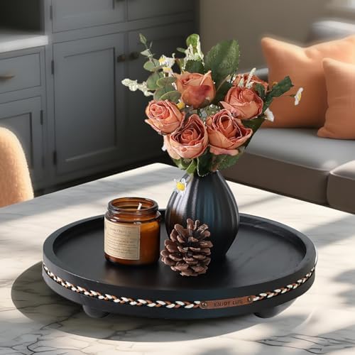 Round Wooden Decorative Tray Coffee Table Tray Home Decor 11.8" Strip Black