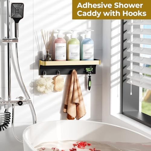Shower Caddy Adhesive with 5 Hooks & Drainage, No-Drill, Gold