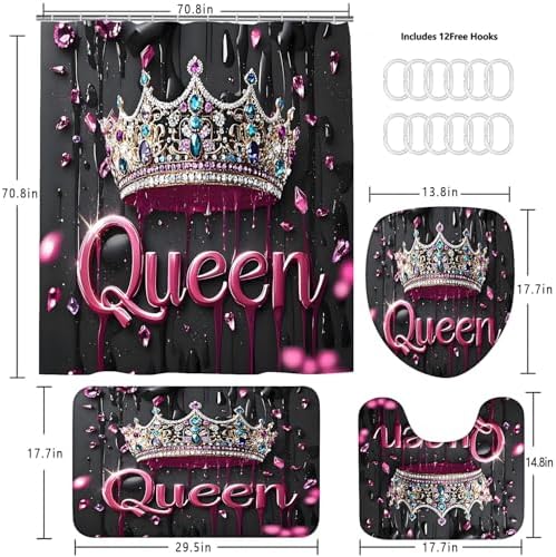 AZHM 4pcs Shower Curtain Set Queen Crown Bathroom Sets with Rugs 71 * 71 in