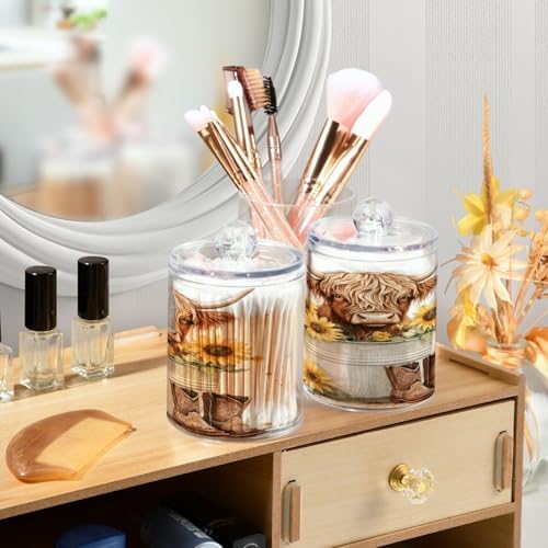 2 Pack Qtip Holder Organizer Dispenser Watercolor Sunflower Highland Cow Bathroom Storage Canister Cotton Ball Holder Container for Cotton Pads/Swabs/Floss