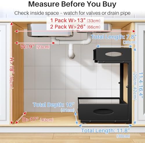 Under Sink Organizer, 2 Tier Pull Out Under Cabinet Organizer Shelf with Pad for Framed Cabinets, Metal Slide Out Under Sink Storage, Mesh Sliding Drawers for Kitchen Bathroom Laundry(Black, 1 Pack)