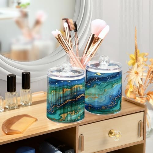 MNSRUU 2 Pack Qtip Holder Organizer Dispenser Abstract Navy Blue Marble Bathroom Storage Canister Cotton Ball Holder Bathroom Containers for Cotton Swabs/Pads/Floss