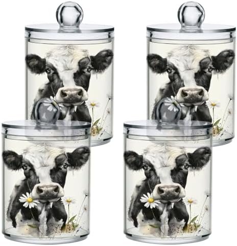 Watercolor Cow Qtip Holder 4 Pack - 10 Oz Clear Plastic Apothecary Jar Set for Bathroom Organization - Versatile Canister Storage for Cotton Balls, Swabs, Rounds