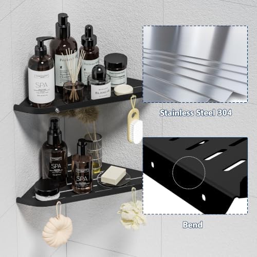 Qeke Corner Shower Shelf, 9" Corner Shower Caddy, SUS304 Stainless Steel Shower Organizer Wall Mount Corner Shelf with 2 Hooks for Bathroom, Dorm and Kitchen, Matte Black (2 Pack)