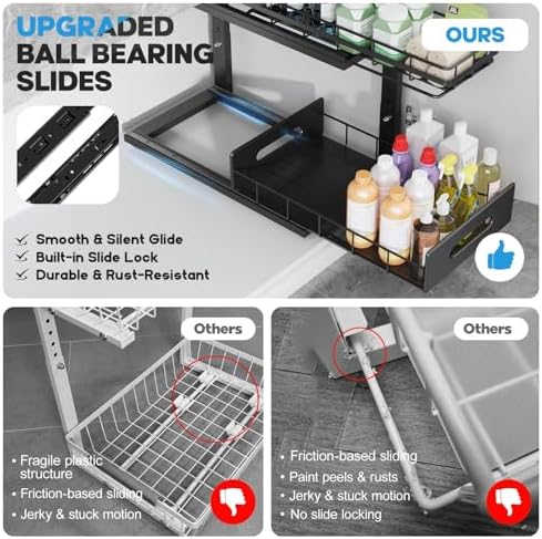 Under Sink Organizer Upgrade To Professional Rails,2-Tier Dual Pull Out Cabinet Storage,Height Adjustable Slide Out Drawers For Bathroom Kitchen,2 Pack-16.7"Dx12.8"-16.9"H,Black