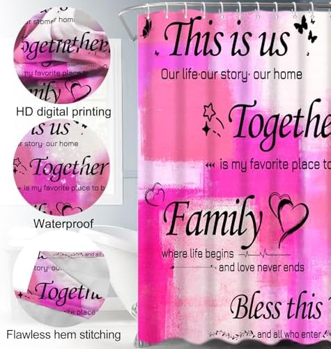 Lnond 4Pcs Shower Curtain Set with Toilet Lid Cover and Non-Slip Rugs for Bathroom,Hot Pink Abstract Motivational Bathroom Sets with Shower Curtain and Rugs