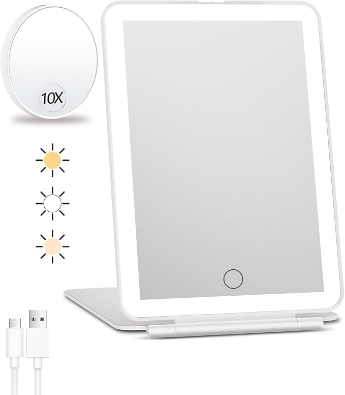 FUNTOUCH Rechargeable Travel Makeup Mirror with Lights 10X Magnifying | Portable Lighted Vanity Mirror with 80 Led,2000mAh Battery,3 Color Lighting,Touch Dimming,Tabletop Light up Mirror