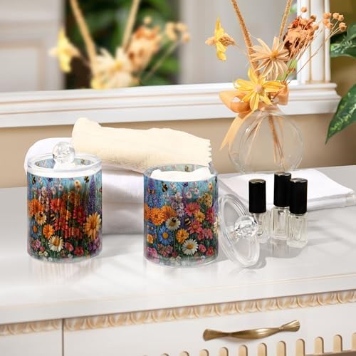 MNSRUU 4 Pack Qtip Holder Organizer Dispenser Floral Daisy Bee Spring Bathroom Storage Canister Cotton Ball Holder Bathroom Containers for Cotton Swabs/Pads/Floss