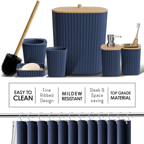 Clara Clark Bathroom Accessories Set - Bathroom Set, Bathroom Sets with Shower Curtain and Rugs, Shower Curtain Set with Bathroom Trash Can - Ombre Navy - 22PC