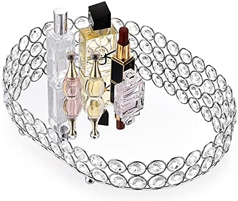 Hipiwe Crystal Vanity Tray Mirrored Dresser Perfume Trays for Makeup Tray Cosmetic Skin Care Storage, Jewelry Trinket Organizer Tray for Bathroom Countertop Home Decor (Medium, Silver)