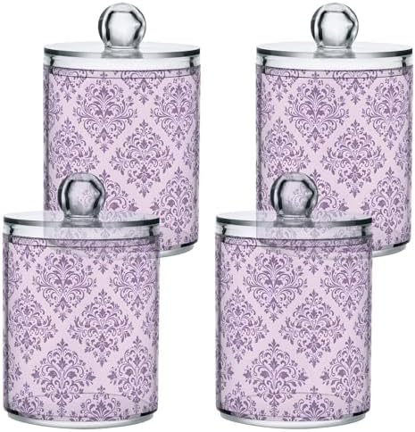 MNSRUU 4 Pack Qtip Holder Organizer Dispenser Purple Morden Floral Bathroom Containers Bathroom Vanity Storage Canister Apothecary Jars for Cotton Swabs/Pads/Floss