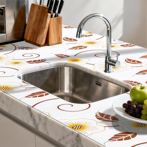 FIFTY FEET 12"x120" Non-Adhesive Shelf Liner for Kitchen Cabinets and Drawers, Washable Non-Slip PVC Cabinet Liner (Yellow Flower)(1 Roll)