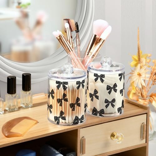 ALAZA Black Bow with Polka Dots 2 Pack Qtip Holder Dispenser for Cotton Swabs, Balls, Pads, Floss 10 oz Plastic Canister Organizer