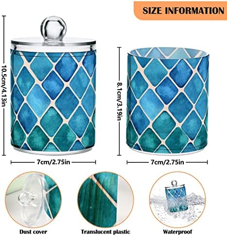 Fustylead 2 Pack Blue-green Squares Qtip Holder Dispensers, Bathroom Storage Canister Plastic Apothecary Jar Set for Cotton Swabs, Ball, Pads, Floss